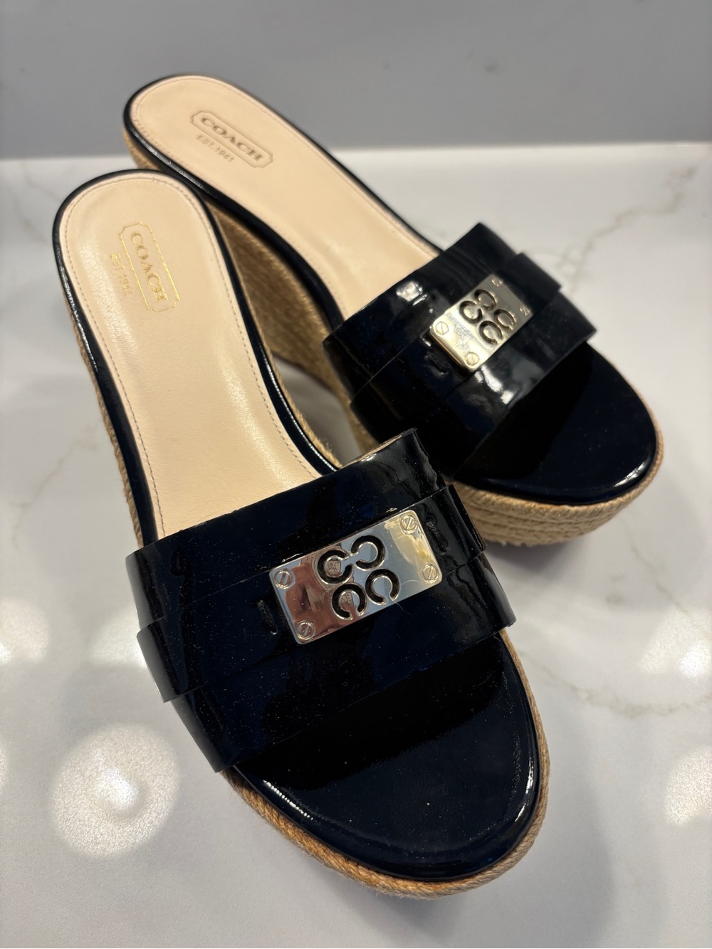 Coach Black Patent Espadrille Wedge Slide! Sz 9